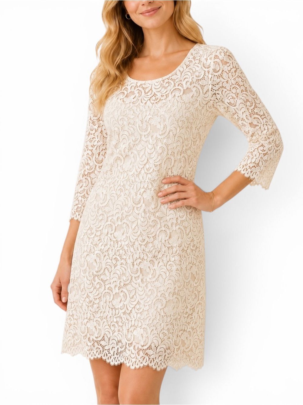 Karen Kane Lace Shift Dress Scalloped Hem Knee Length 3/4 Sleeve Beige Tan L NEW